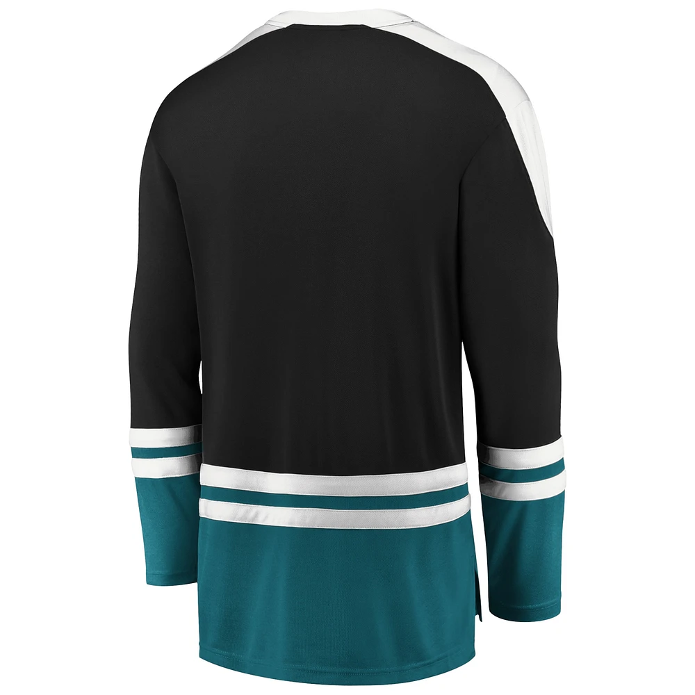 Men's Fanatics Black/Teal San Jose Sharks Iconic Slapshot Long Sleeve T-Shirt