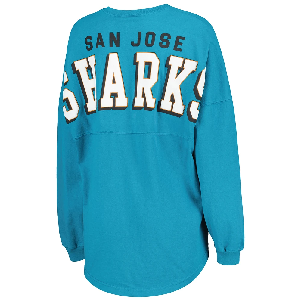 T-shirt en jersey à manches longues et col V Fanatics pour femmes, bleu sarcelle, San Jose Sharks Spirit, lacets