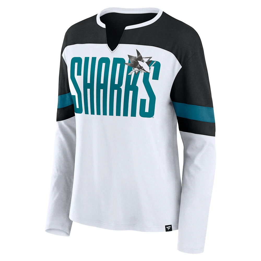 Women's Fanatics White/Black San Jose Sharks Frozen Long Sleeve Notch Neck T-Shirt