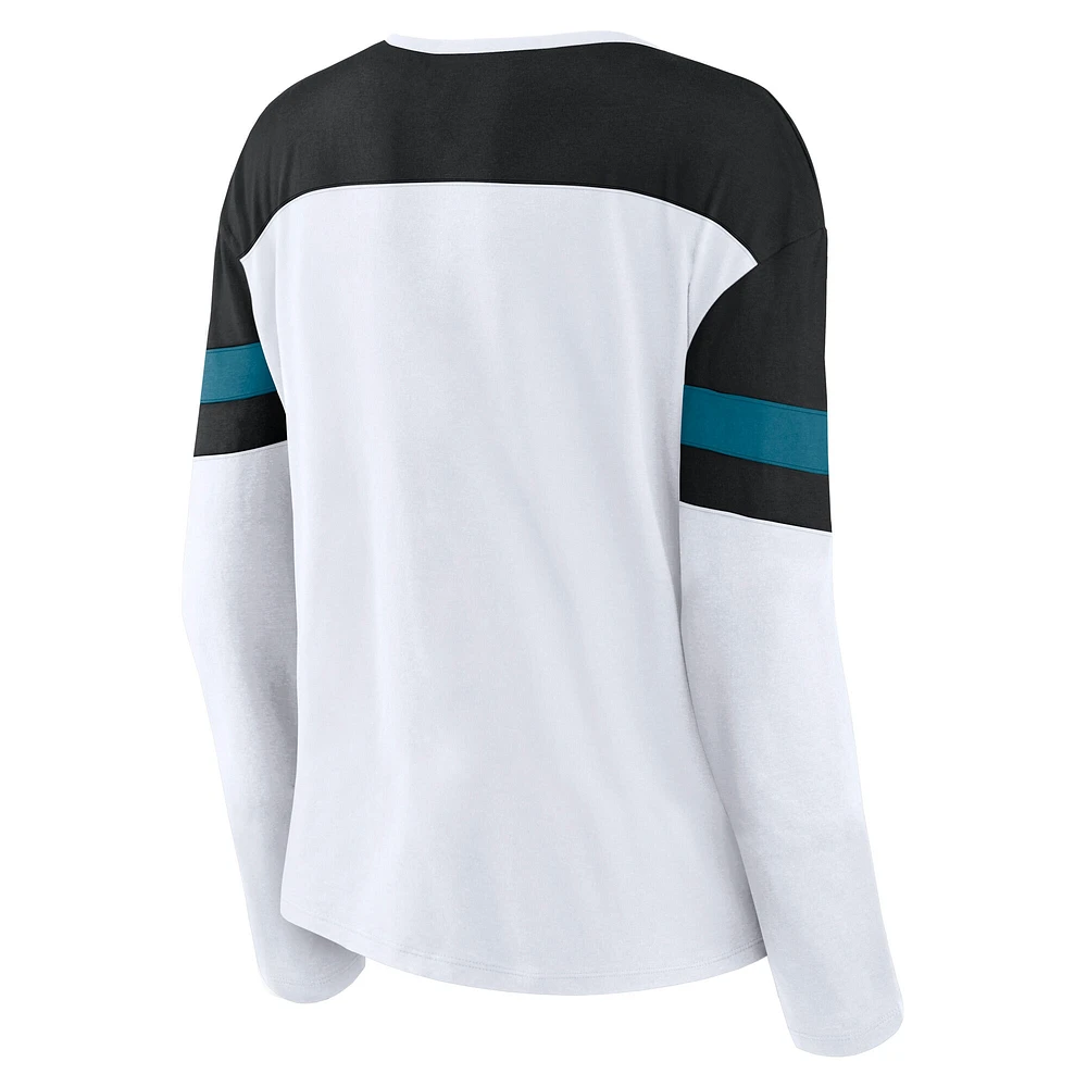 Women's Fanatics White/Black San Jose Sharks Frozen Long Sleeve Notch Neck T-Shirt