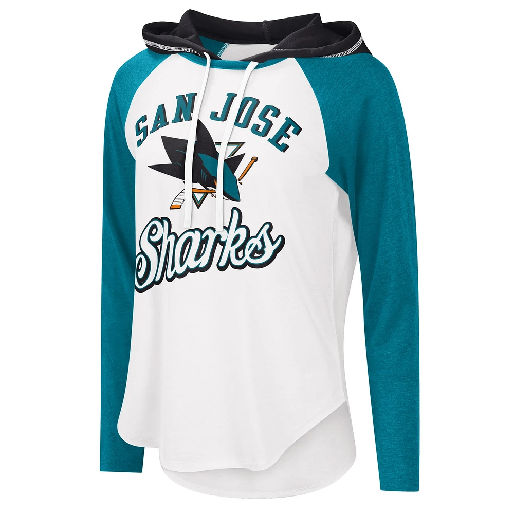 T-shirt léger à capuche G-III Sports by Carl Banks pour femmes, blanc/bleu sarcelle, MVP Raglan des Sharks de San Jose