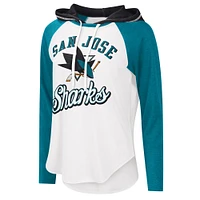 T-shirt léger à capuche G-III Sports by Carl Banks pour femmes, blanc/bleu sarcelle, MVP Raglan des Sharks de San Jose