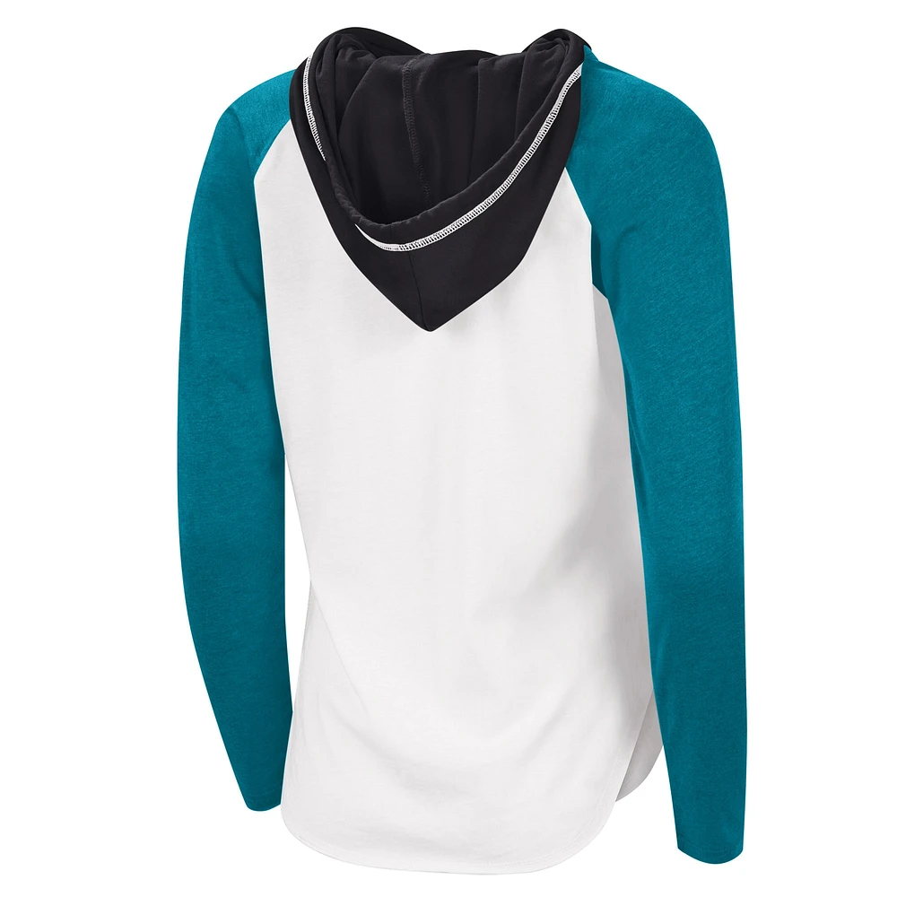 T-shirt léger à capuche G-III Sports by Carl Banks pour femmes, blanc/bleu sarcelle, MVP Raglan des Sharks de San Jose