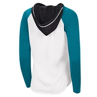 T-shirt léger à capuche G-III Sports by Carl Banks pour femmes, blanc/bleu sarcelle, MVP Raglan des Sharks de San Jose