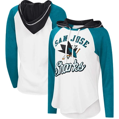 T-shirt léger à capuche G-III Sports by Carl Banks pour femmes, blanc/bleu sarcelle, MVP Raglan des Sharks de San Jose