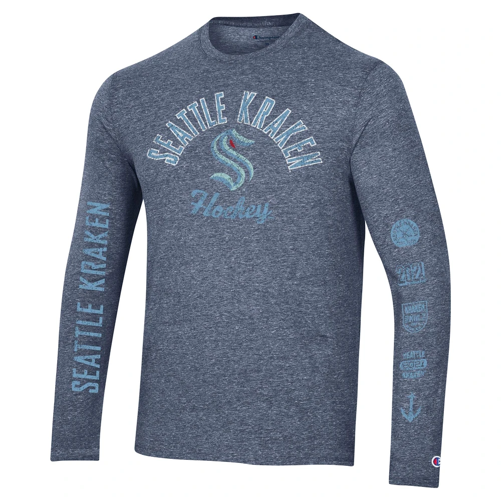 Champion Heather Navy Seattle Kraken T-shirt à manches longues trois mélanges multi-logos pour hommes