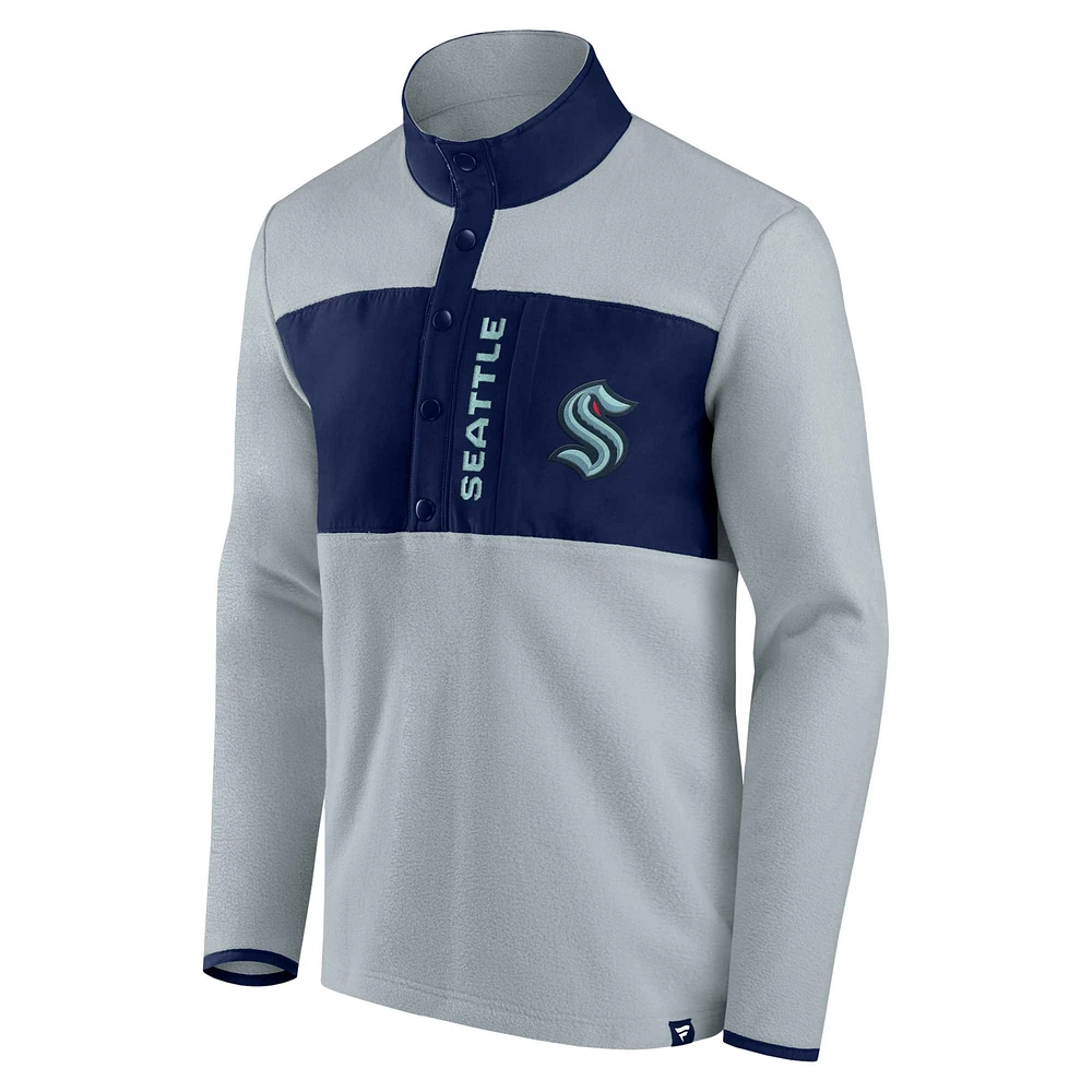 polaire Seattle Kraken Omni Fanatics gris/bleu profond pour hommes - Veste quart de bouton-pression