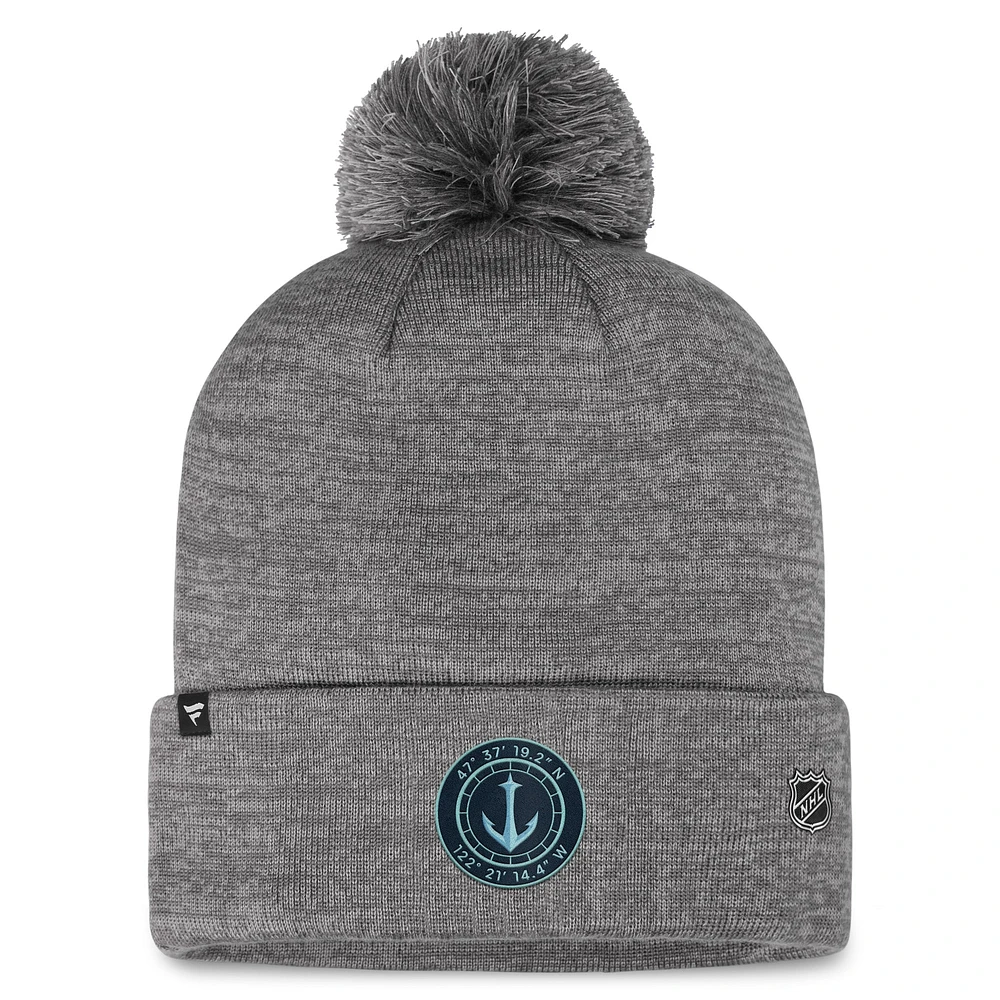 Men's Fanatics  Gray Seattle Kraken Authentic Pro Home Ice Cuffed Knit Hat with Pom