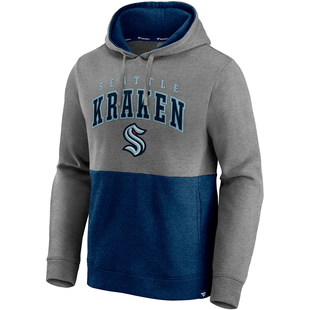 Men's Fanatics Heathered Gray/Deep Sea Blue Seattle Kraken Block Party Classic Arch Signature Pullover Hoodie