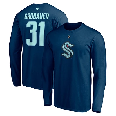 Fanatics pour hommes Philipp Grubauer Deep Sea Blue Seattle Kraken Authentic Stack Name & Number T-shirt à manches longues