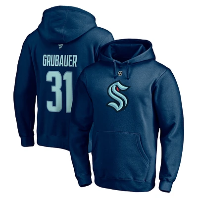 Fanatics pour hommes Philipp Grubauer Deep Sea Blue Seattle Kraken Authentique Stack Player Nom et numéro Pull à capuche ajusté