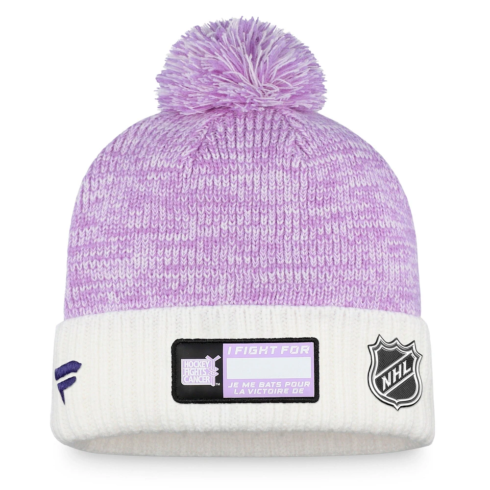 Men's Fanatics Purple/White Seattle Kraken 2021 Hockey Fights Cancer Cuffed Knit Hat with Pom