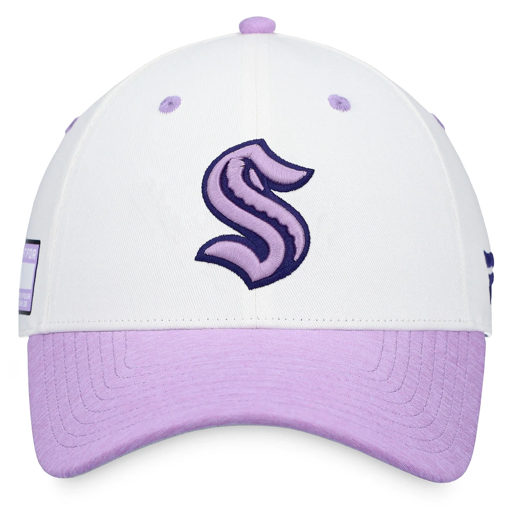 Men's Fanatics White/Purple Seattle Kraken Authentic Pro Hockey Fights Cancer Adjustable Hat
