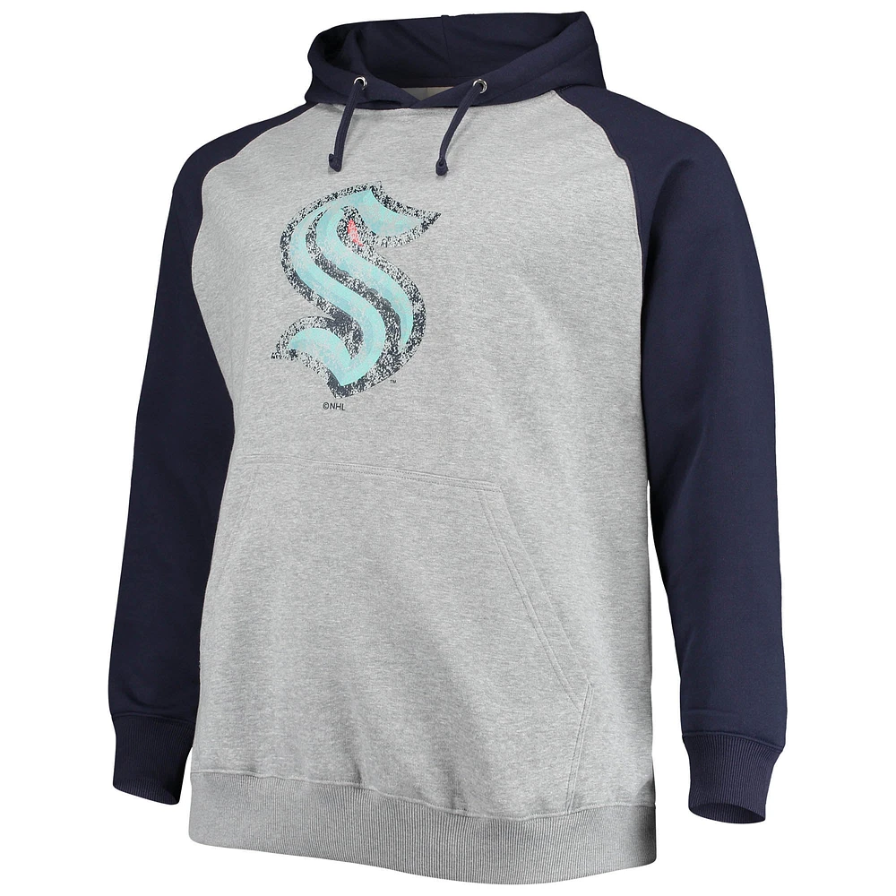 Sweat à capuche raglan Seattle Kraken pour homme, gris chiné/bleu marine, grande taille