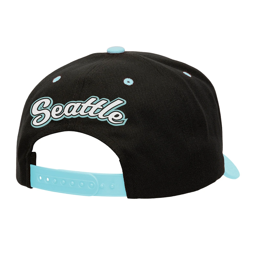 Men's Mitchell & Ness Black/Light Blue Seattle Kraken Backside Script Two-Tone Pro Crown Adjustable Hat