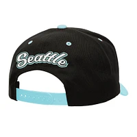 Men's Mitchell & Ness Black/Light Blue Seattle Kraken Backside Script Two-Tone Pro Crown Adjustable Hat