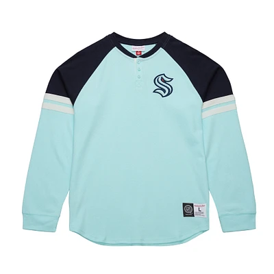 T-shirt thermique à manches longues bleu clair Seattle Kraken Henley de Mitchell & Ness pour homme