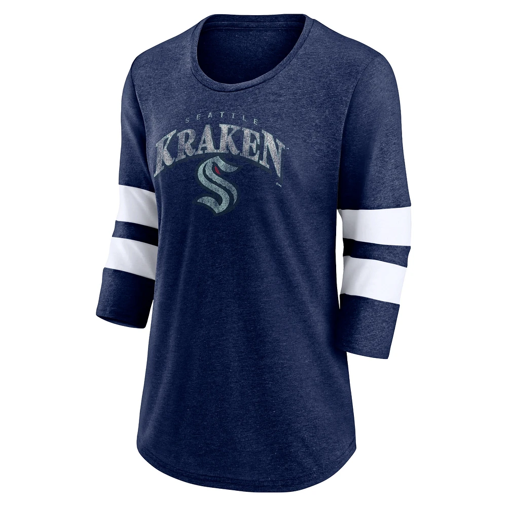 T-shirt à manches 3/4 Heather Deep Sea Blue Seattle Kraken Special Edition 2.0 Barn Burner de marque Fanatics pour femmes