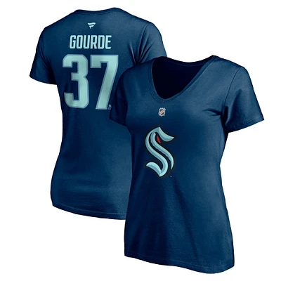 Fanatics pour femmes Yanni Gourde Deep Sea Blue Seattle Kraken - T-shirt à col en V authentique avec nom et numéro de pile