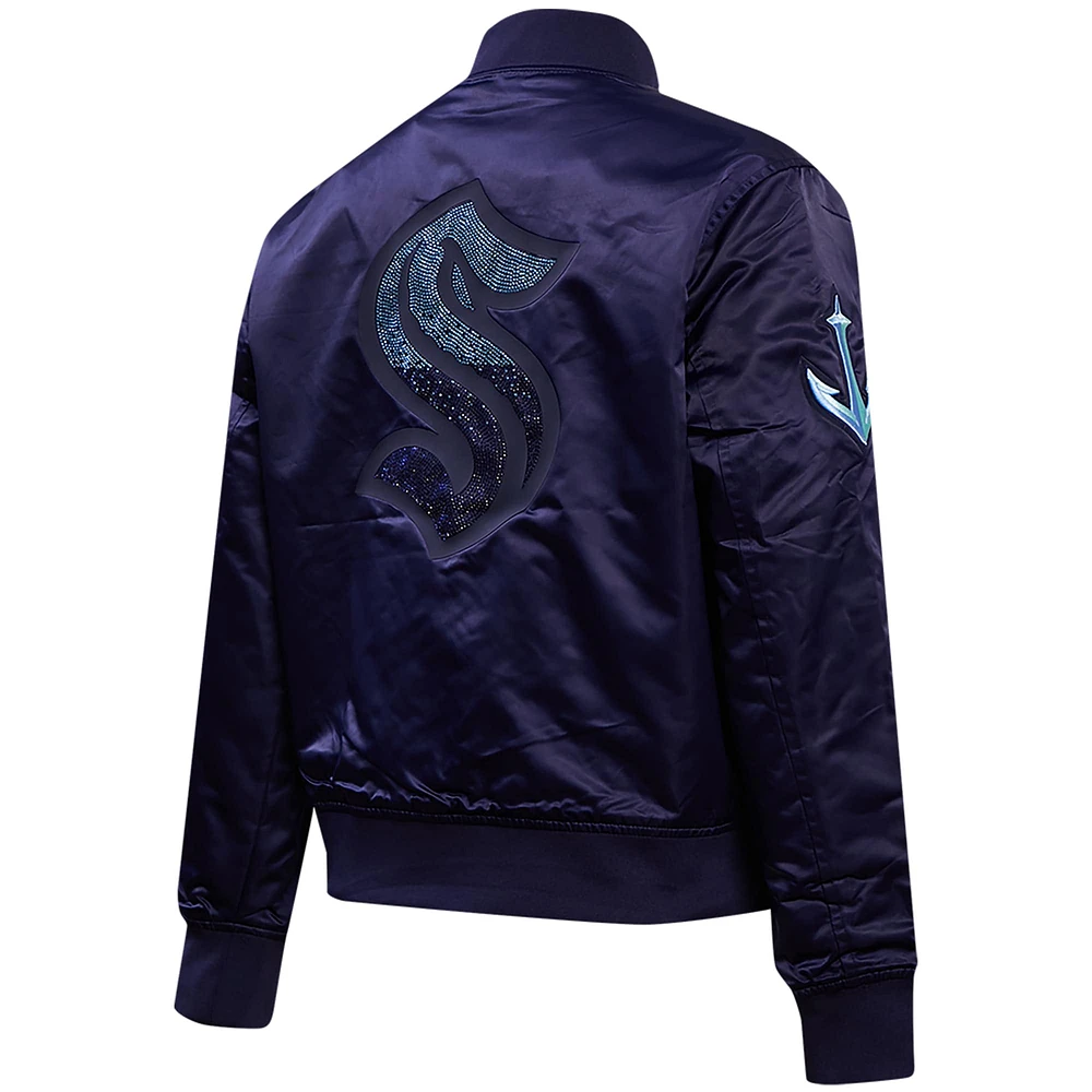 Women's Pro Standard  Navy Seattle Kraken Rhinestone Jewels Satin Full-Snap Jacket