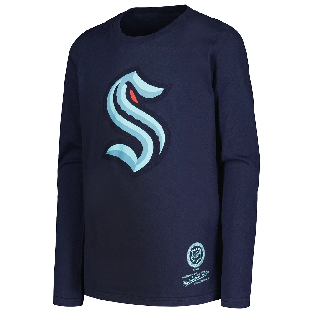 Youth Mitchell & Ness Navy Seattle Kraken Throwback Logo Long Sleeve T-Shirt