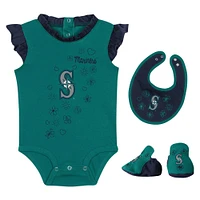 Ensemble body, bavoir et chaussons Happy Baseball Fanatics Aqua Seattle Mariners pour filles nouveau-nés nourrissons
