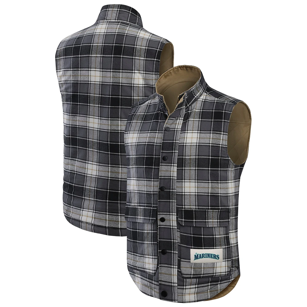 Men's Darius Rucker Collection by Fanatics Tan/Charcoal Seattle Mariners Reversible Canvas & Plaid Patch Full-Zip Vest