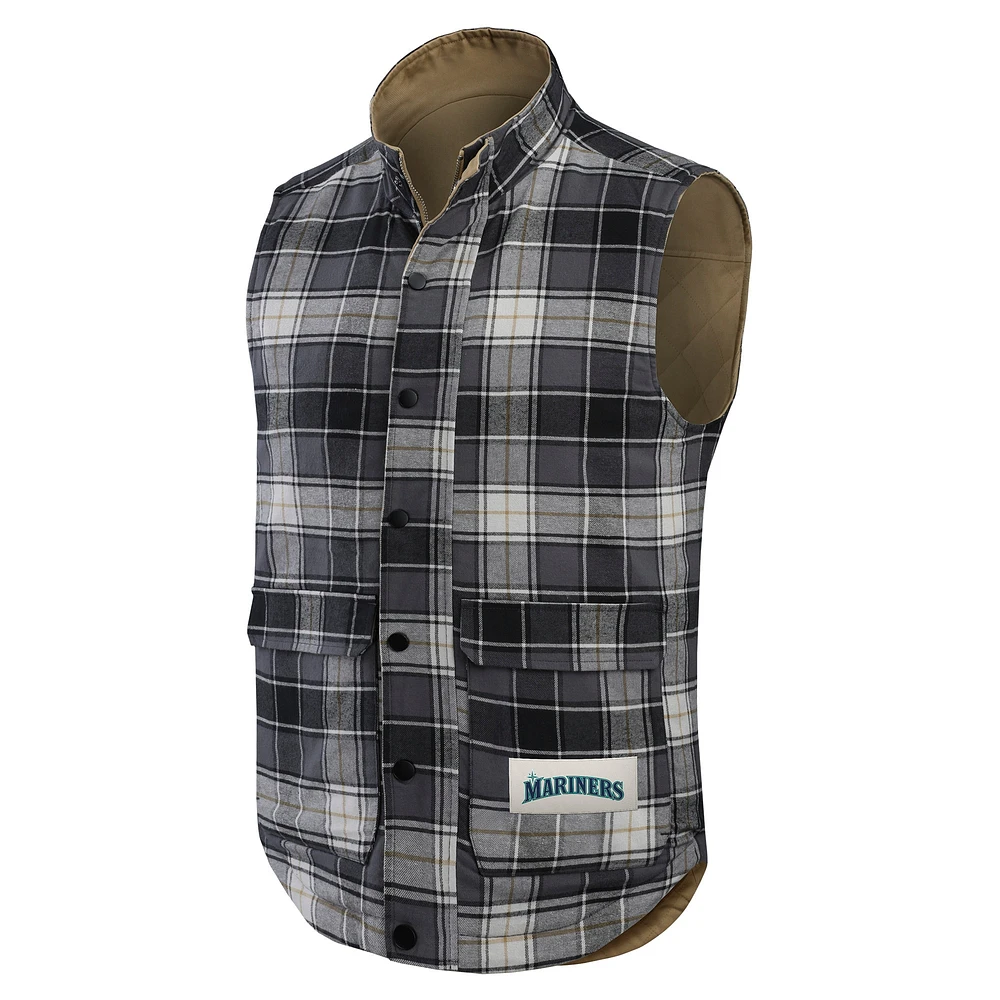 Men's Darius Rucker Collection by Fanatics Tan/Charcoal Seattle Mariners Reversible Canvas & Plaid Patch Full-Zip Vest