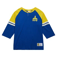 Men's Mitchell & Ness Royal Seattle Mariners Cooperstown Collection Legendary Raglan Slub Henley 3/4-Sleeve T-Shirt
