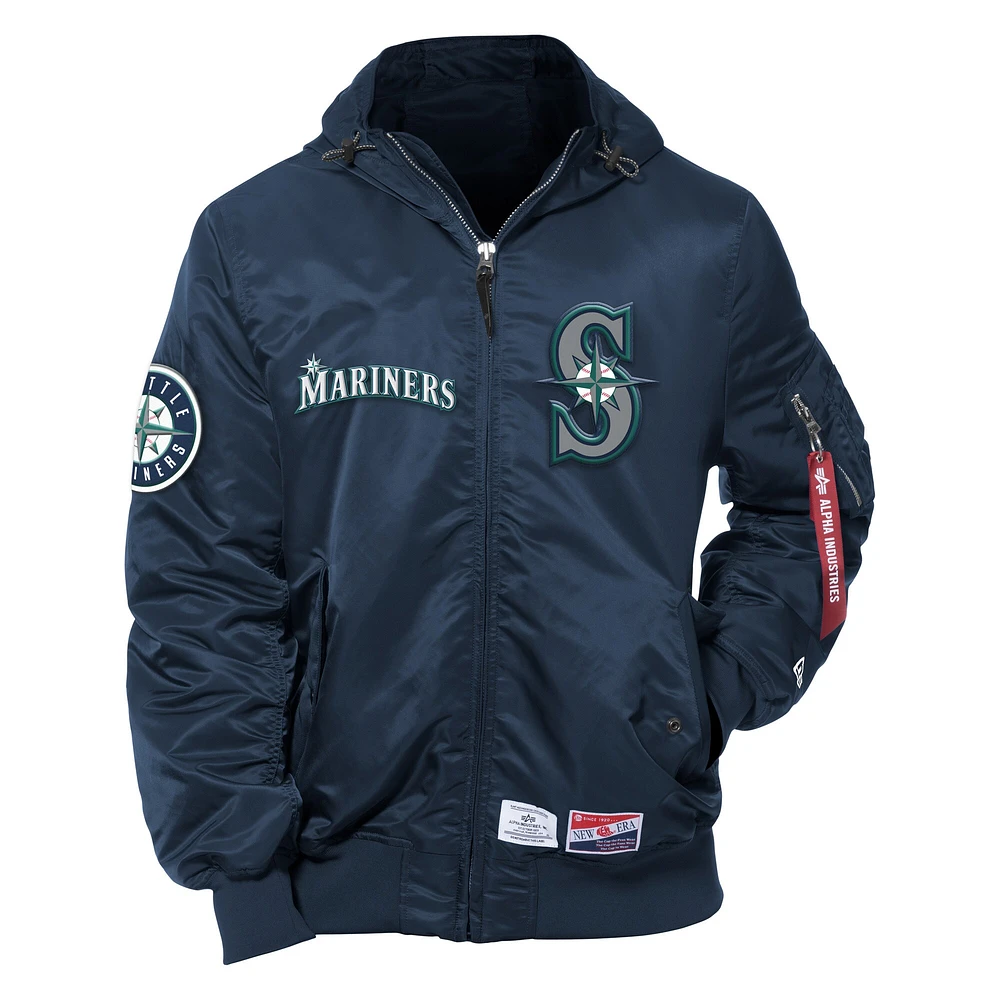 Men's New Era x Alpha Industries Navy Seattle Mariners Current Day Full-Zip Hooded Nylon Bomber Jacket
