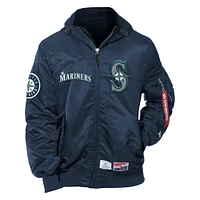 Men's New Era x Alpha Industries Navy Seattle Mariners Current Day Full-Zip Hooded Nylon Bomber Jacket
