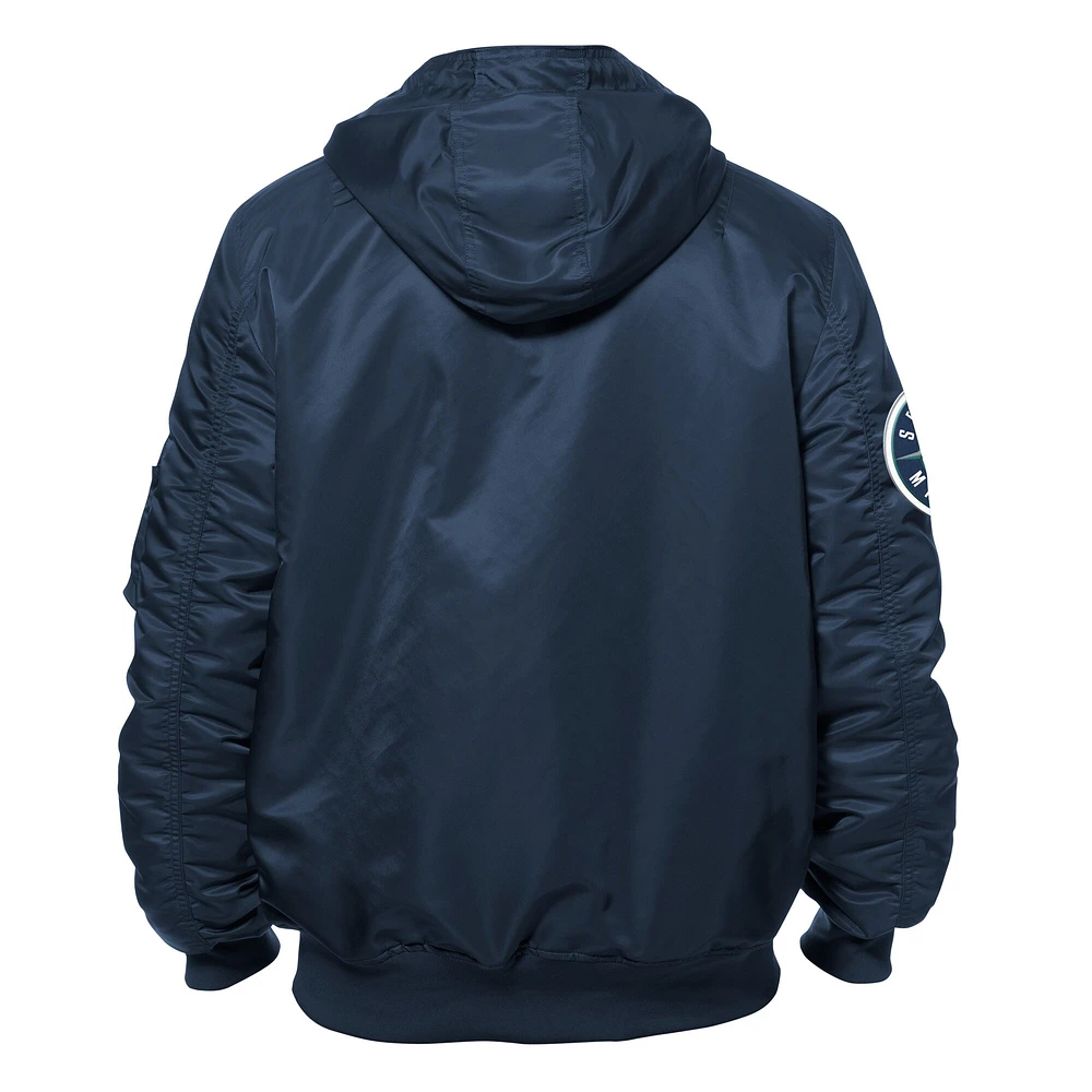 Men's New Era x Alpha Industries Navy Seattle Mariners Current Day Full-Zip Hooded Nylon Bomber Jacket