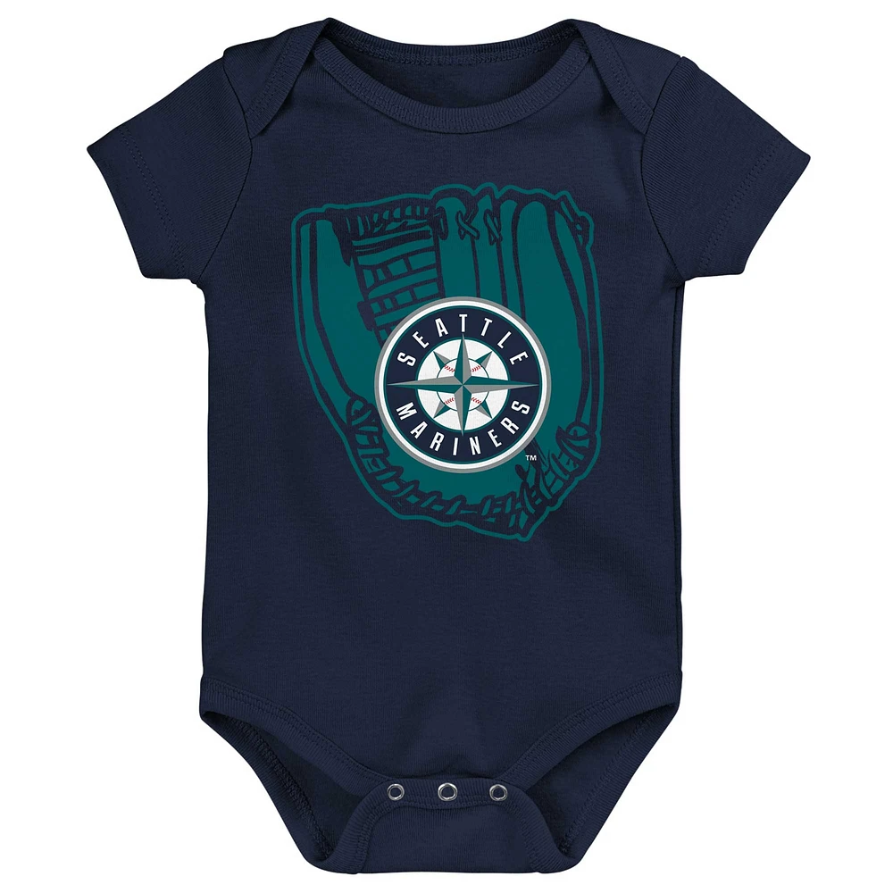 Newborn & Infant Aqua/Navy/White Seattle Mariners Minor League Player Three-Pack Bodysuit Set