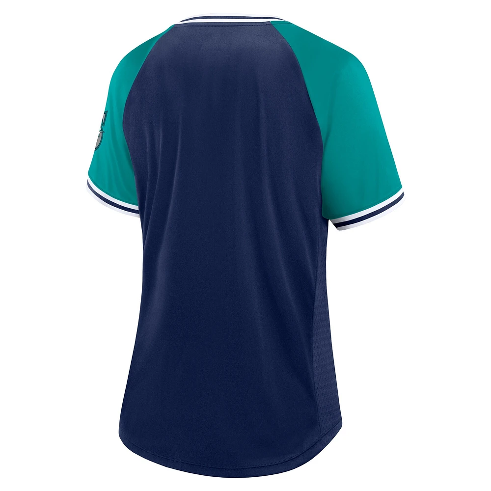 Women's Fanatics Navy Seattle Mariners Glitz & Glam League Diva Raglan V-Neck T-Shirt