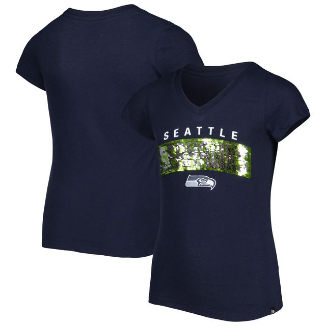 T-shirt à encolure en V avec inscription sequins inversés Seattle Seahawks New Era College Navy pour fille