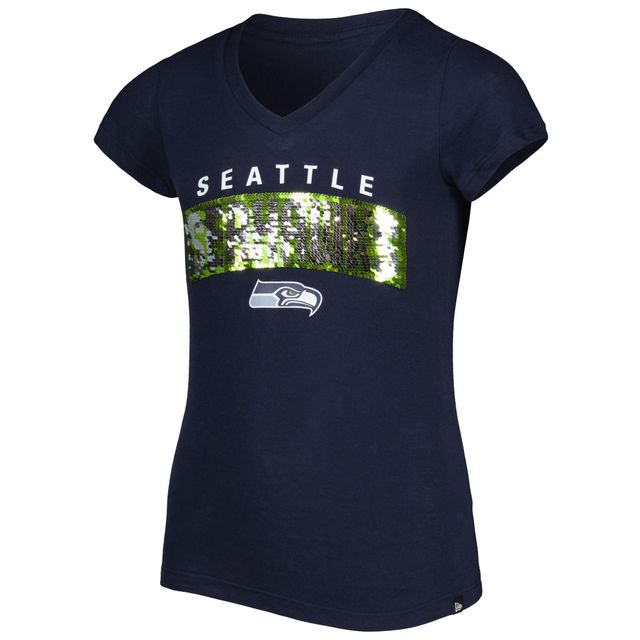 T-shirt à encolure en V avec inscription sequins inversés Seattle Seahawks New Era College Navy pour fille