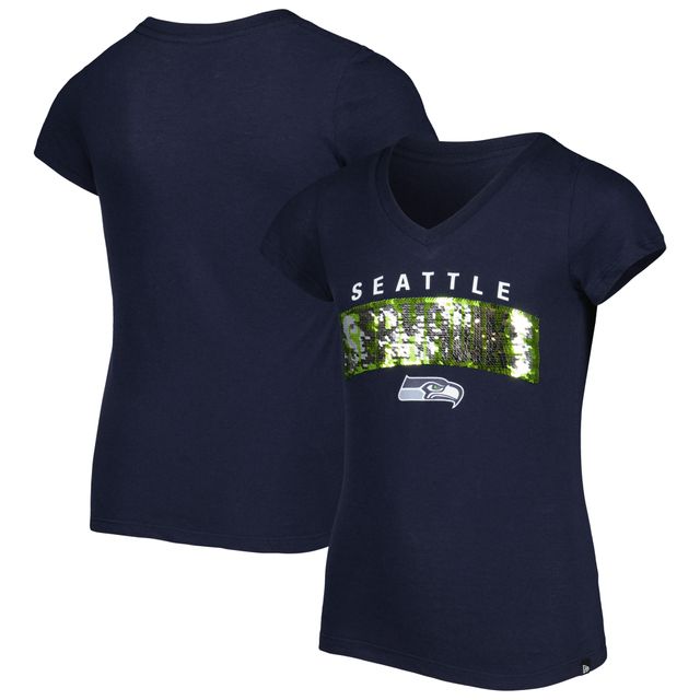 T-shirt à encolure en V avec inscription sequins inversés Seattle Seahawks New Era College Navy pour fille