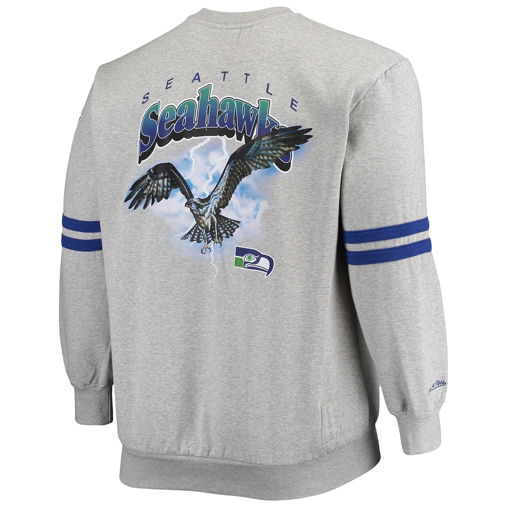 Men's Mitchell & Ness Heathered Gray Seattle Seahawks Big Tall Allover Print Pullover Sweatshirt