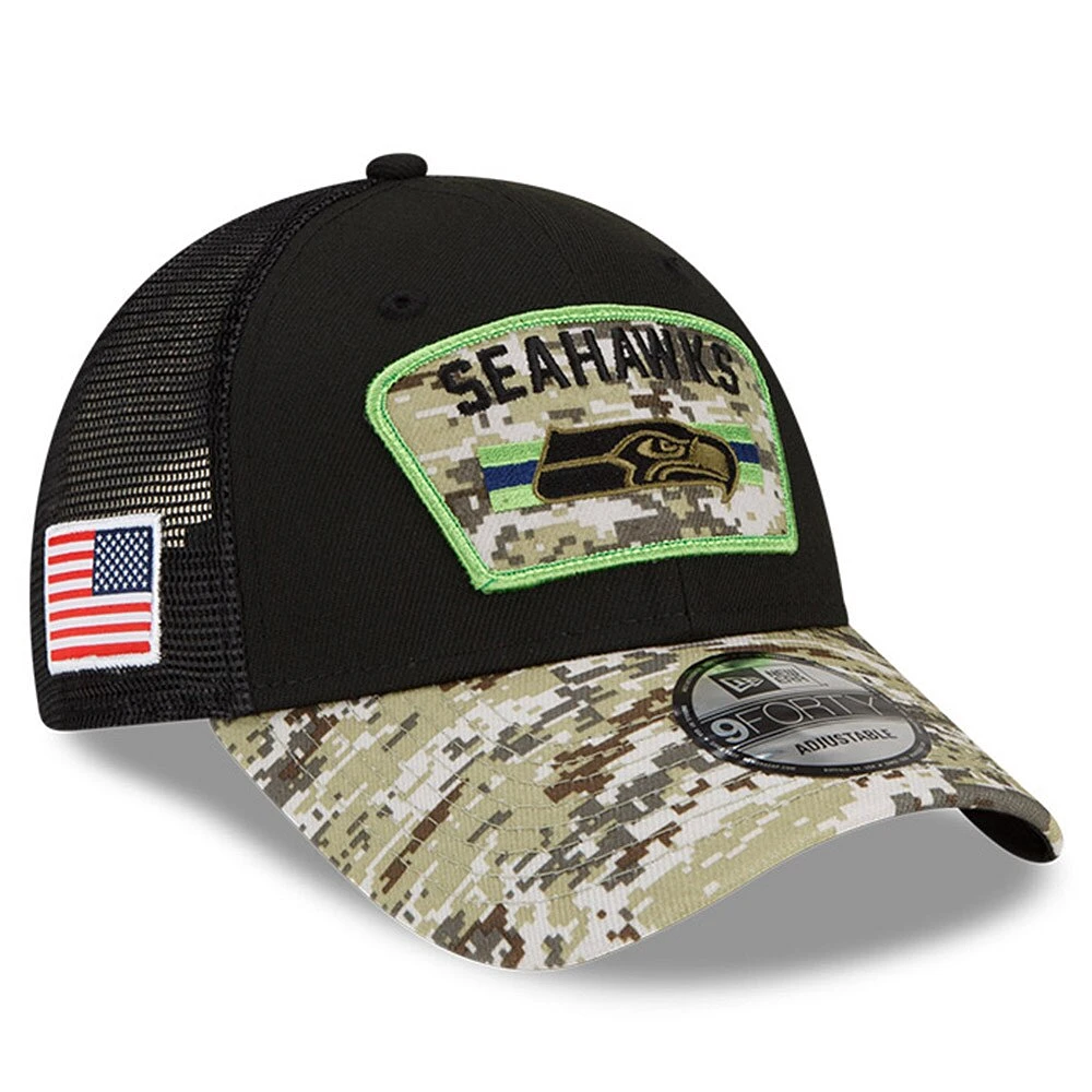 Men's New Era Black/Camo Seattle Seahawks 2021 Salute To Service - Trucker 9FORTY Snapback Adjustable Hat