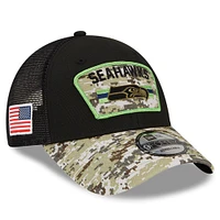 Men's New Era Black/Camo Seattle Seahawks 2021 Salute To Service - Trucker 9FORTY Snapback Adjustable Hat