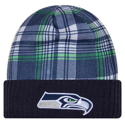 Bonnet en tricot à revers avec inscription Sideline des Seattle Seahawks de New Era College Navy pour homme