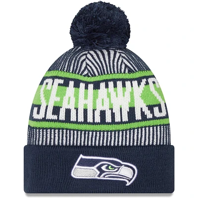 Bonnet en tricot rayé à revers pour hommes New Era College Navy Seattle Seahawks avec pompon