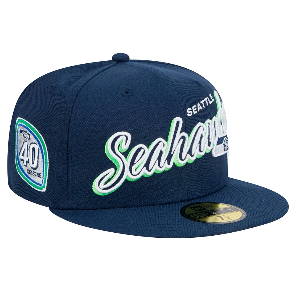 Men's New Era Navy Seattle Seahawks Script Sided 59FIFTY Fitted Hat