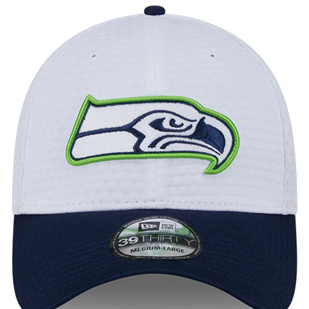 Men's New Era White/College Navy Seattle Seahawks 2024 NFL Training Camp 39THIRTY Flex Hat