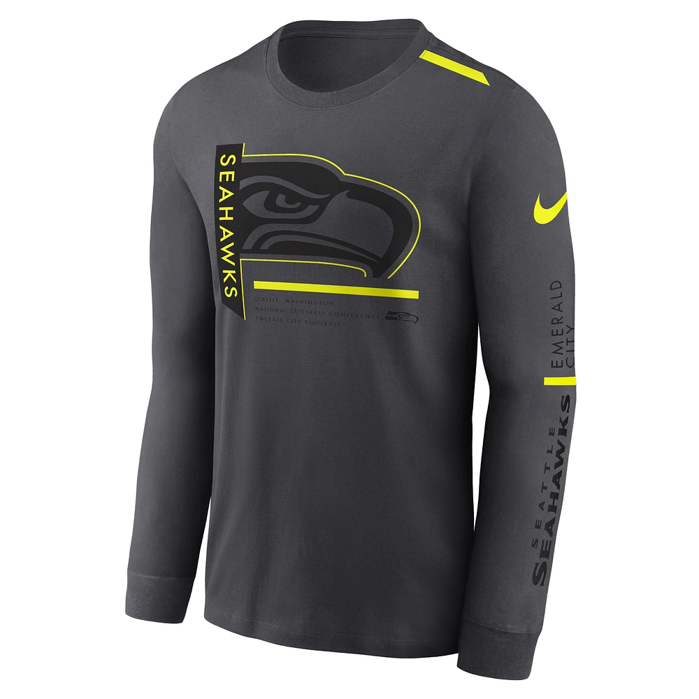 T-shirt à manches longues Nike Seattle Seahawks Volt Performance anthracite pour homme