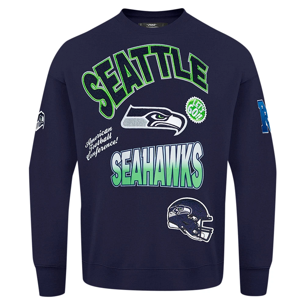 Men's Pro Standard College Navy Seattle Seahawks Turn It Up Drop Shoulder Pullover Sweatshirt