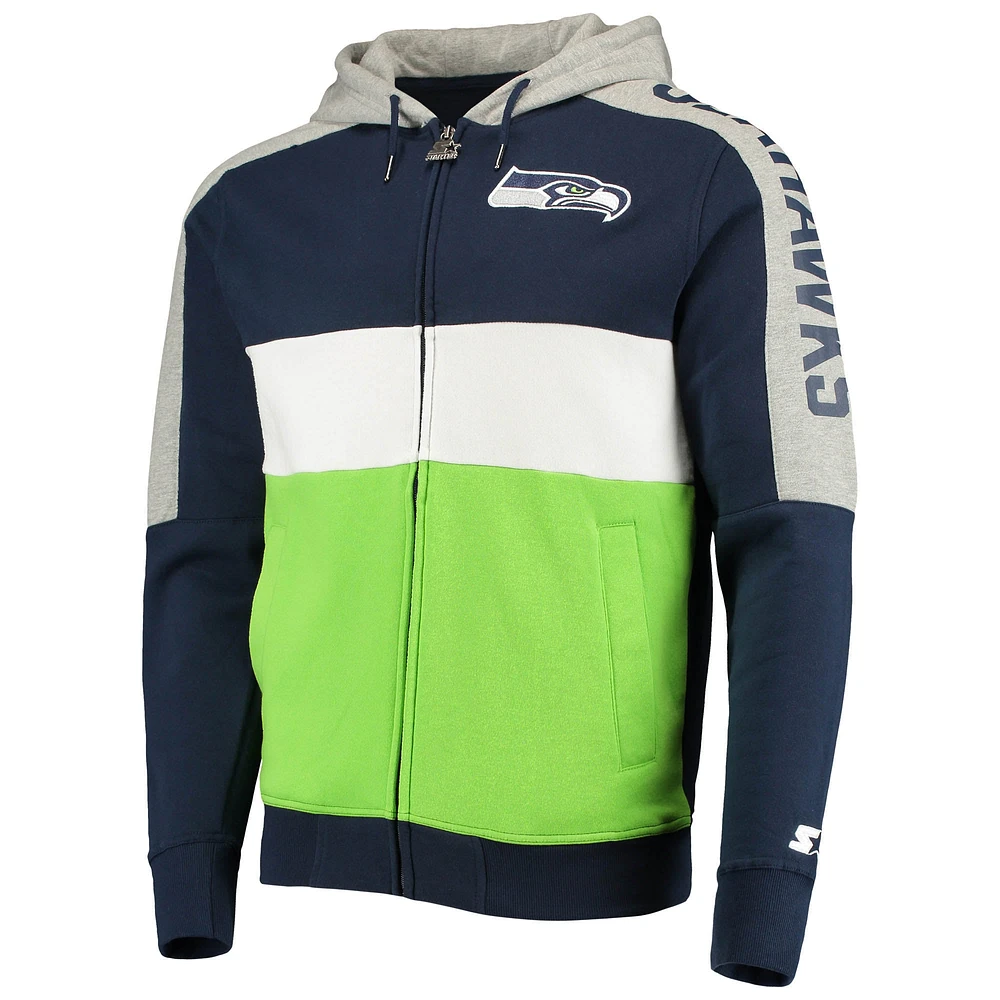 Men's Starter College Navy/Neon Green Seattle Seahawks Playoffs Color Block Full-Zip Hoodie