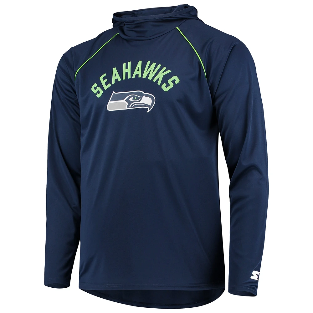 Men's Starter Navy Seattle Seahawks Raglan Long Sleeve Hoodie T-Shirt