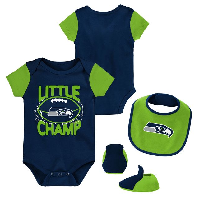 Nouveau-né et bébé College Navy/Neon Green Seattle Seahawks 3 pièces Little Champ Body Bib & Booties - Set