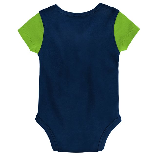 Nouveau-né et bébé College Navy/Neon Green Seattle Seahawks 3 pièces Little Champ Body Bib & Booties - Set